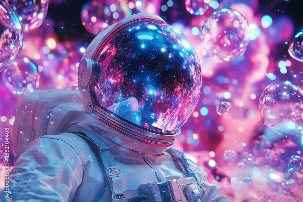 Aufkleber astronaut in a colorful cosmic environment surrounded by ethereal bubbles and swirling galaxies