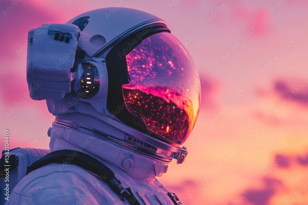 Aufkleber astronaut stands against a vibrant sunset sky with cosmic reflections in helmet during a space explo
