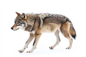 Naklejka premium Wolf Walking on White Background During the Daytime in a Studio
