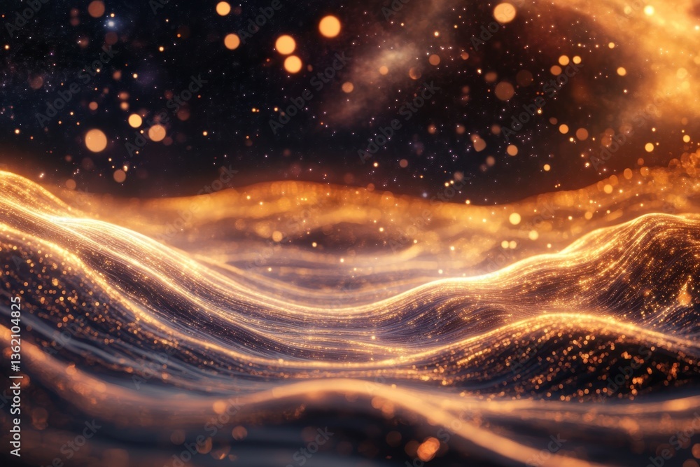 Poster glowing waves of light create an enchanting atmosphere in a dark space
