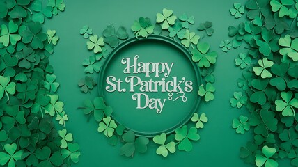St. Patrick's Day celebration with a vibrant green background filled with shamrock clovers surrounding a circular frame with Happy St. Patrick's Day in elegant typography, a festive holiday ambiance