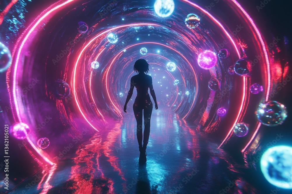Aufkleber exploring a vibrant tunnel filled with glowing orbs and colorful lights at night