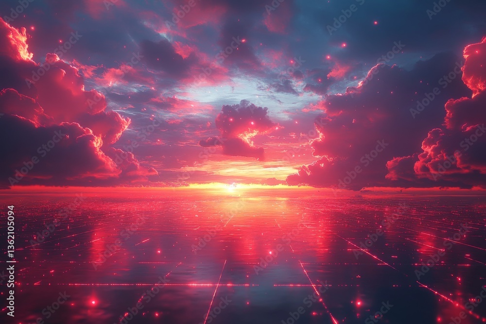 Poster dramatic sunset reflection over a tranquil ocean with vibrant clouds and glowing colors