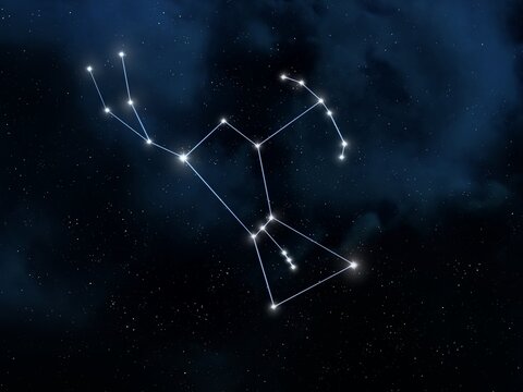 Orion the Hunter constellation in space isolated. Stars connected by lines in the night sky. Astrological image.