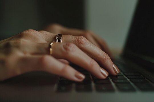 A woman uses a modern laptop to search for information online and access social networking sites while connected to wifi for online bookings and banking