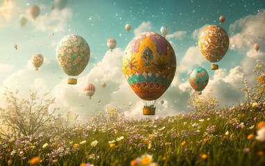 Fototapeta premium Easter egg hot air balloons floating above a dreamy spring landscape