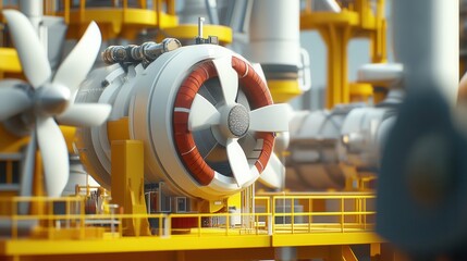 Offshore wind power: the yellow platform is connected to an air-to-internet connection on top of it. In front, there's one very large white and red turbine fan with two blades. 