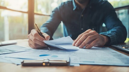 Businessman organizing business loan papers while checking financial transactions