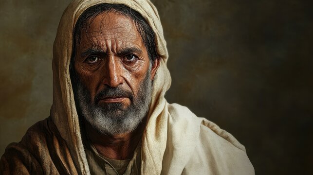 Job, a biblical character with a suffering expression and simple clothing. Visual representation of Job, known for his patience and faith. illustration