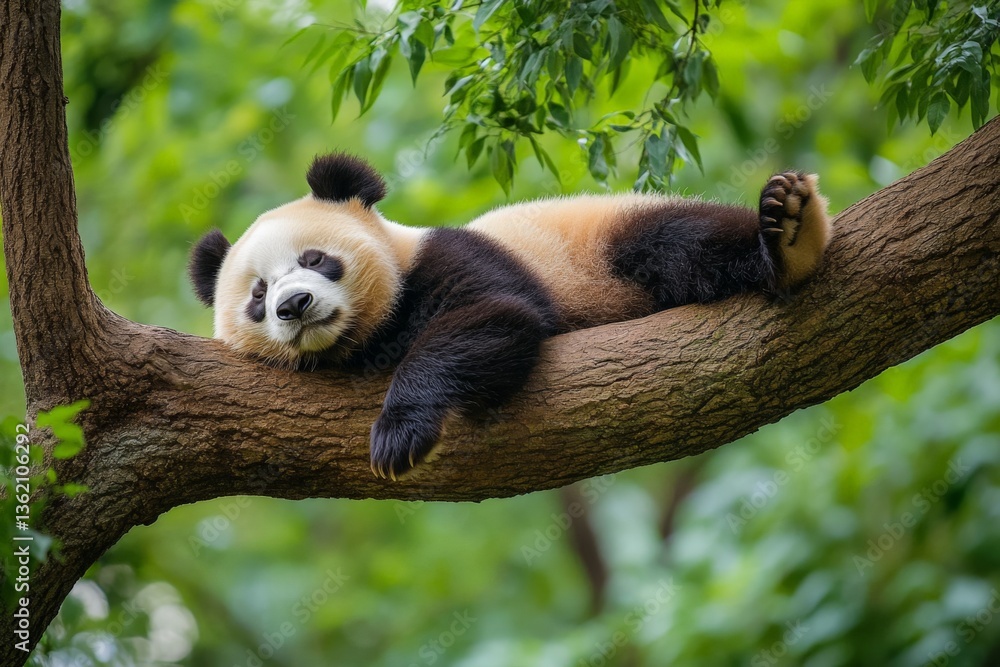 Poster Panda resting on a tree branch in a lush green environment during the day