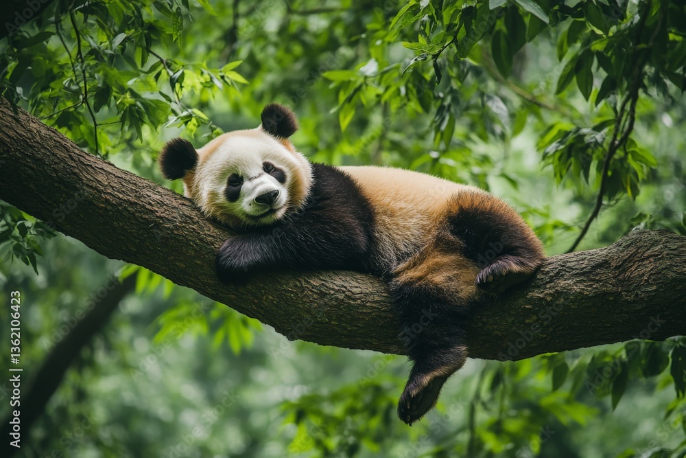 Poster panda resting comfortably on a tree branch surrounded by lush greenery during a sunny day