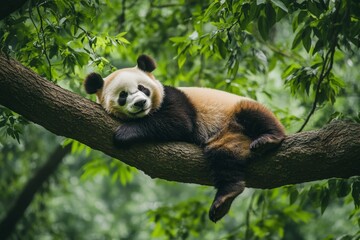 Obraz premium Panda resting comfortably on a tree branch surrounded by lush greenery during a sunny day