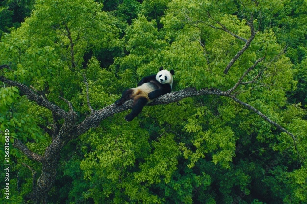 Poster panda lounging on a tree branch surrounded by lush green forest during daytime