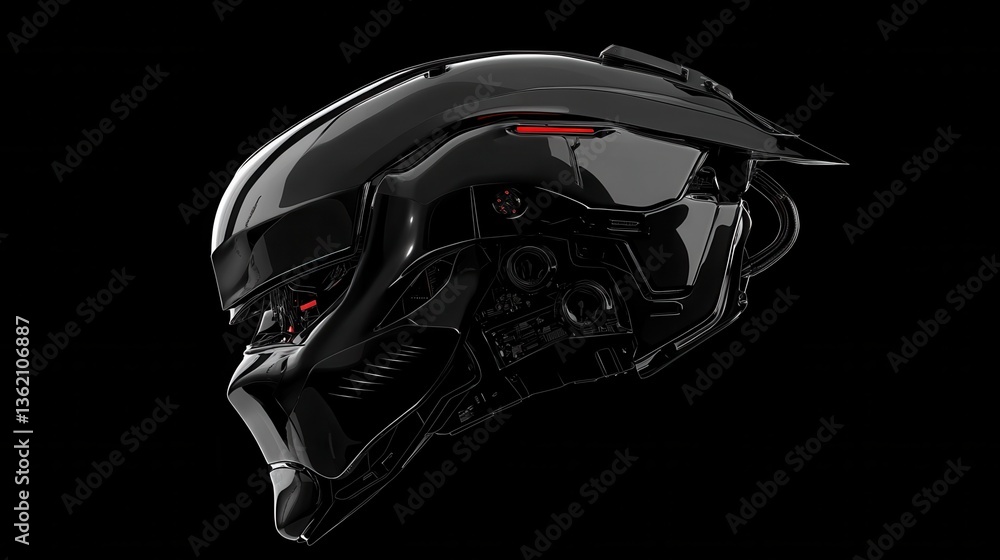 Poster black robot android cyborg isolated on black background. futuristic character design, profile view. 