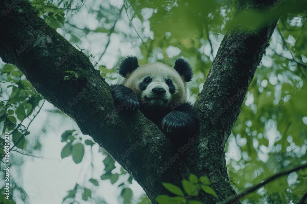 Poster Panda resting on a tree branch in a lush forest during daytime