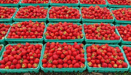 Ripe red strawberries arranged in green baskets on display