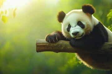 Fototapeta premium Giant panda rests on a branch in a lush green forest during the early morning light
