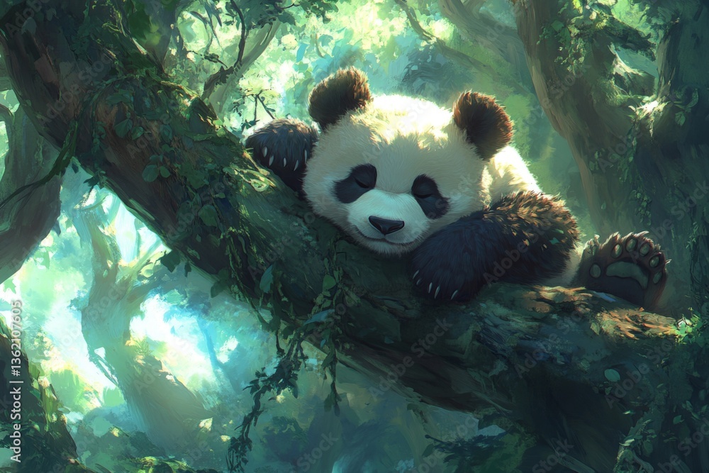 Poster relaxing panda rests on a tree branch in a serene forest during the afternoon light