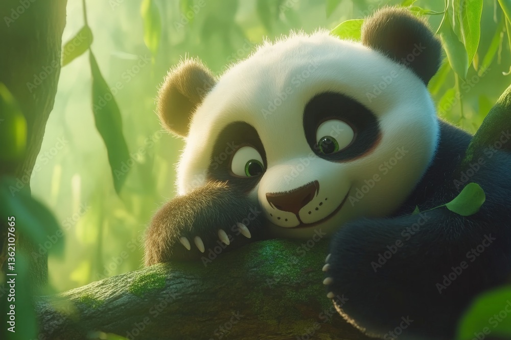 Poster cute panda resting on a tree branch in a lush green forest during a sunny day