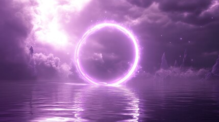 Mystical portal ring over water, dramatic clouds