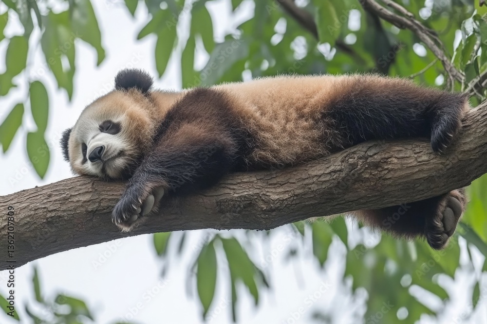 Poster panda rests peacefully on a tree branch in a lush green habitat during the daytime