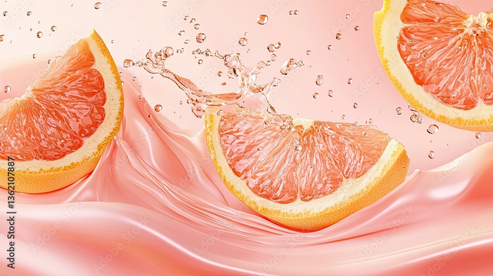 Poster juicy grapefruit slices splashing in a pink liquid swirl creating texture