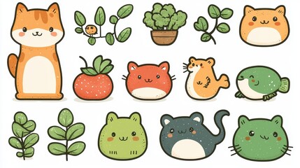 Obraz premium A vibrant array of adorable pets: a playful pup, a fluffy kitten, a twitching mouse, a chirping hamster, and a shimmering school of colorful fish, all rendered in simple, thick lines perfect 