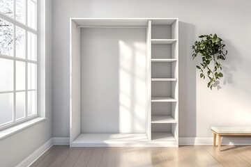 3D rendering of a white wardrobe in a modern interior with a window on the left and a bench in the corner, no extra objects.