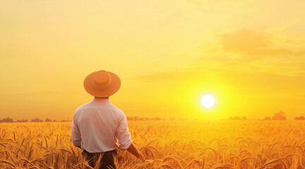 Fototapeta premium Success Story Mental Toughness Discipline, a farmer working tirelessly in the golden fields, sunset casting long shadows