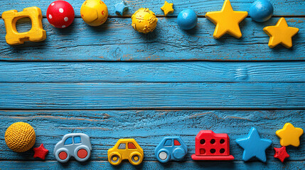 Colorful assortment of children's toys and decor on a blue wooden surface for playful creativity