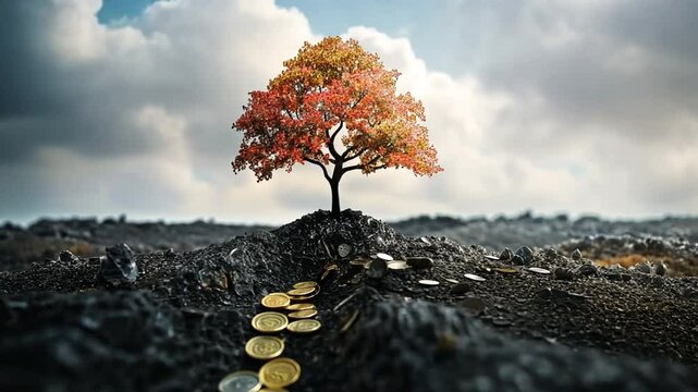 Vibrant tree with autumn leaves atop mound, surrounded by coins, symbolizes growth and prosperity in rugged landscape, evoking hope and wealth in natures beauty.