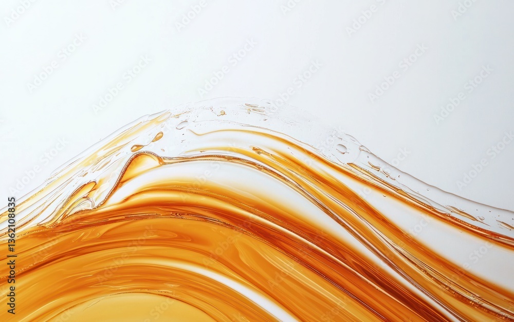 Poster abstract image of flowing amber liquid on a white background. the liquid creates dynamic, wavy patte