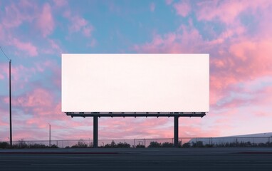 Obraz premium Blank billboard at sunset with a pink and purple sky. The billboard is large and rectangular, positioned in a desert-like landscape. The image is simple and evocative, ideal for advertisement or