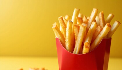 Crispy French fries in a red carton on a yellow background