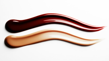 Naklejka premium Two smooth, glossy swirls of liquid foundation makeup in different shades are elegantly displayed on a pristine white background, creating a visually appealing abstract pattern