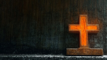 a glowing cross against a dark, textured background, conveying a sense of faith and spirituality,