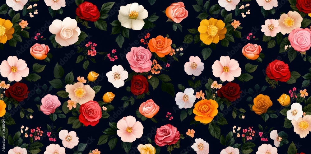 Poster A vibrant floral pattern featuring an array of roses in various colors against a dark background, creating a rich and beautiful design.