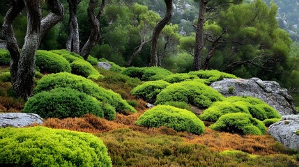Lush Green Landscape with Boulders and Trees