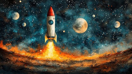 A vibrant rocket, its engines blazing with celestial fire, soars towards an inky canvas studded with twinkling stars and shimmering moons, inviting young artists to bring this cosmic adventure 