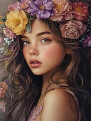 Naklejka premium A stunning illustration of a young girl with flowing, waistlength hair adorned with vibrant, delicate flowers in various shades of pink, yellow, and purple