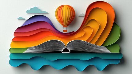 A vibrant scene unfolds: an open book, its pages transformed into an intricate papercut, floats gracefully on a gentle hot air balloon, a testament to the power of imagination and the boundless 