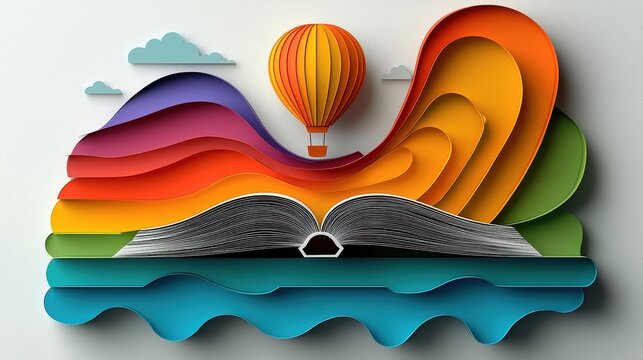 A vibrant scene unfolds: an open book, its pages transformed into an intricate papercut, floats gracefully on a gentle hot air balloon, a testament to the power of imagination and the boundless 