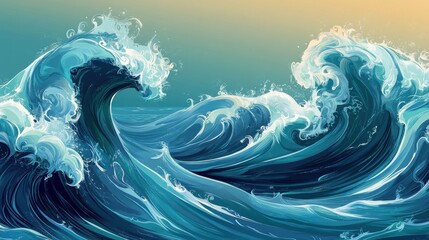 Abstract ocean-inspired artwork featuring blue and teal waves in dynamic flow illustration