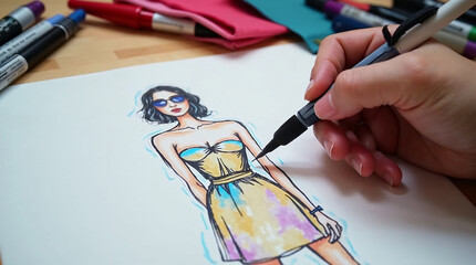 Ilustración de moda coloreada a mano con rotuladores