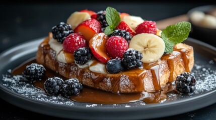 This scrumptious French toast is adorned with a medley of fresh berries and a drizzle of rich syrup, promising a delightful breakfast experience that's as elegant as it is delicious.