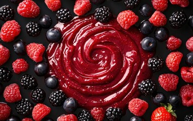 A vibrant overhead shot showcasing a swirled berry puree encircled by fresh raspberries, blackberries, and blueberries on a dark background