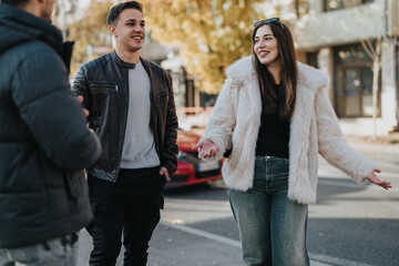 Fototapeta premium A group of individuals in casual attire smiling and chatting on a sunny urban street.