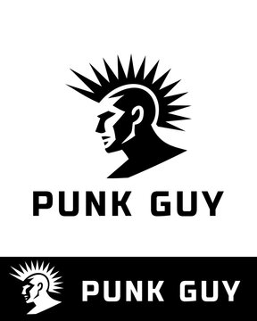 A modern, minimalist punk guy logo featuring a stylized male face with a spiky mohawk hairstyle in black and white 