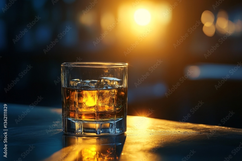 Poster enjoying a refreshing drink at sunset with sparkling reflections on the table