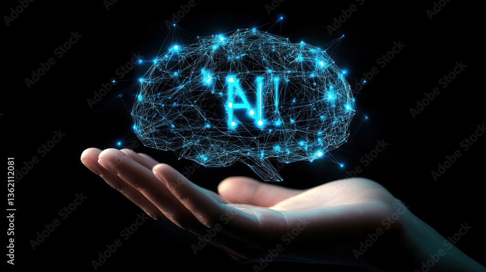 Poster hand presenting glowing ai technology digital icons, illustrating advanced technology and artificial
